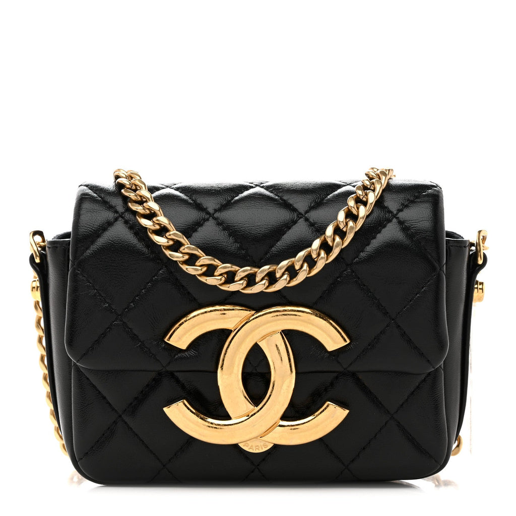Chanel Shiny Crumpled Lambskin Quilted Mini Giant CC Flap Black