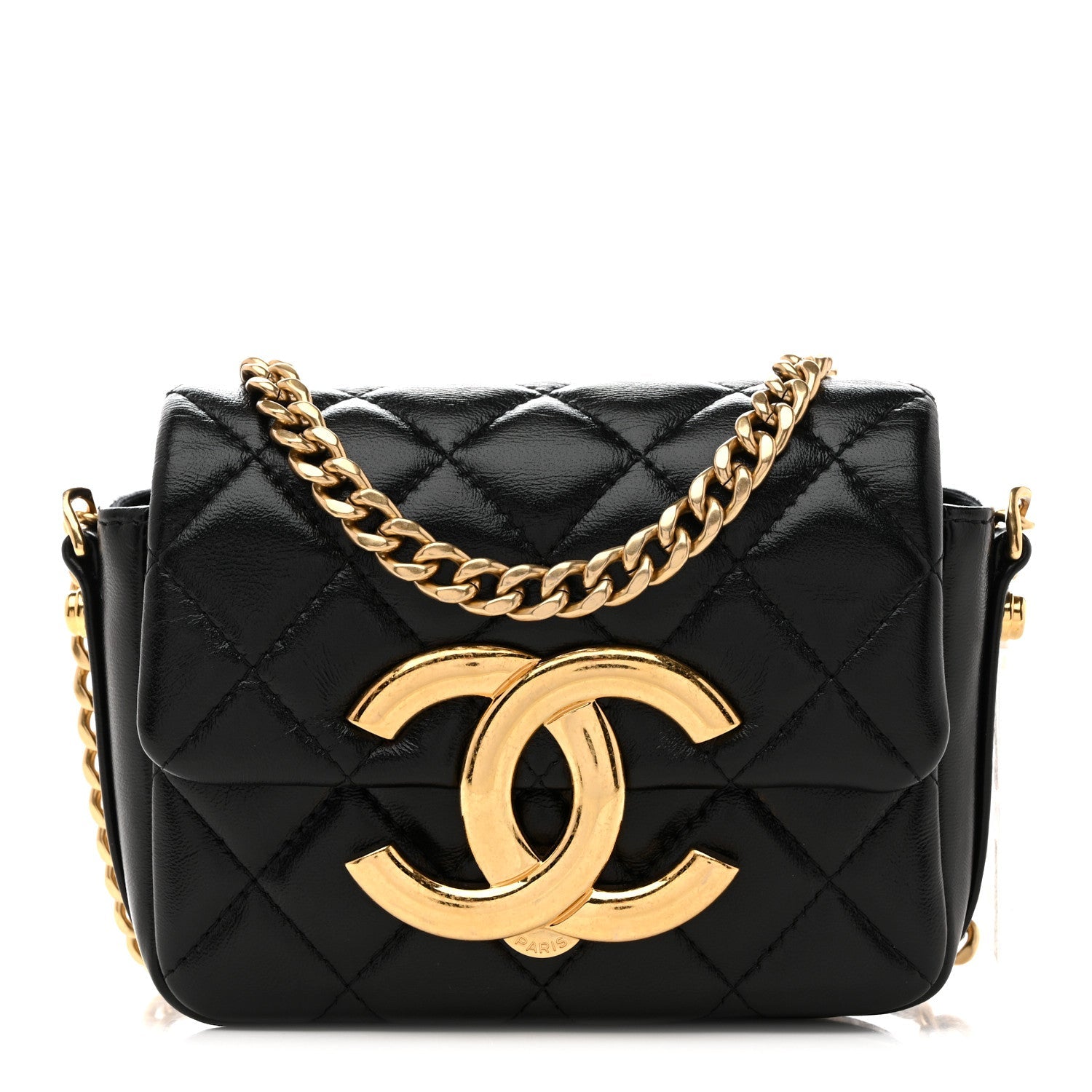 Chanel Shiny Crumpled Lambskin Quilted Mini Giant CC Flap Black