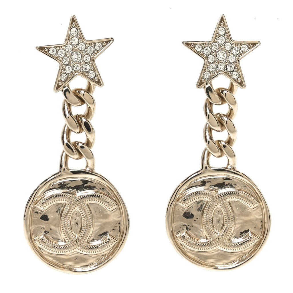 Metal Crystal Textured CC Star Drop Earrings Gold