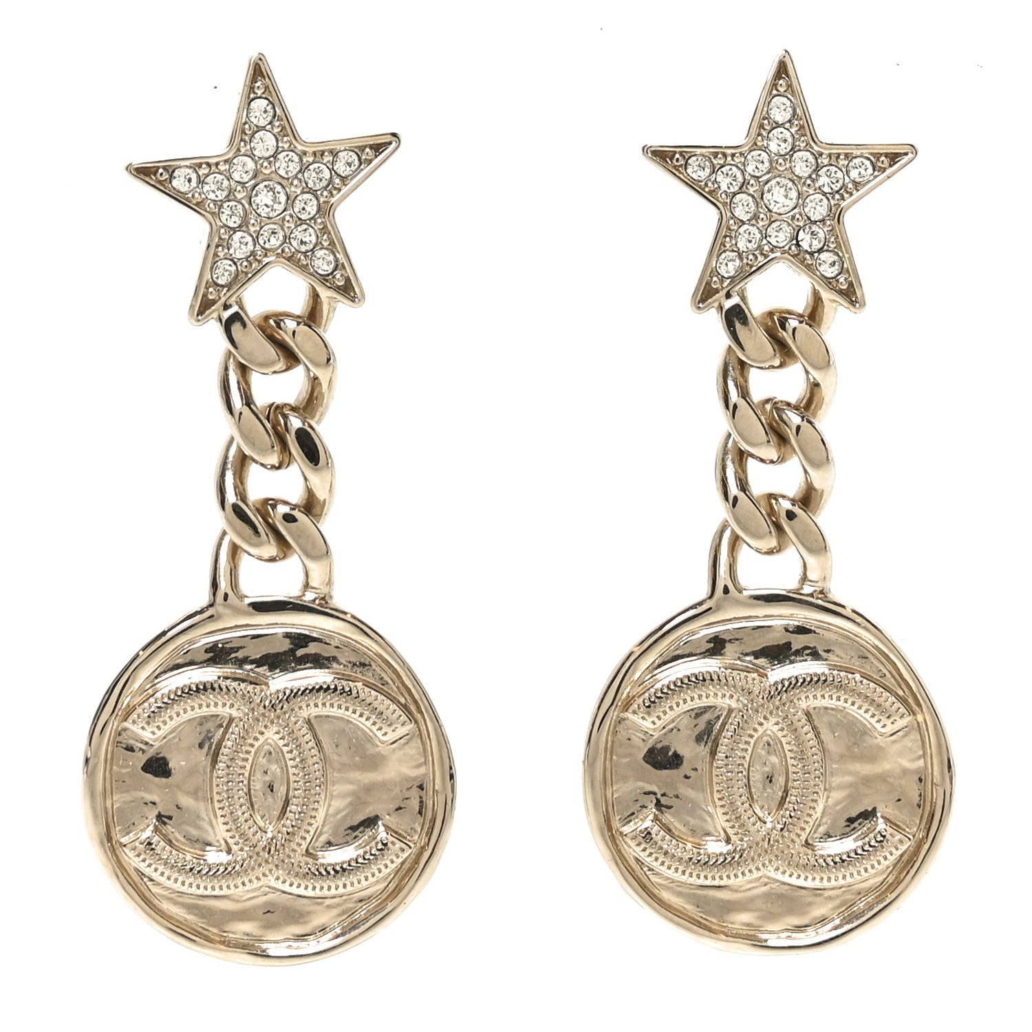 Metal Crystal Textured CC Star Drop Earrings Gold