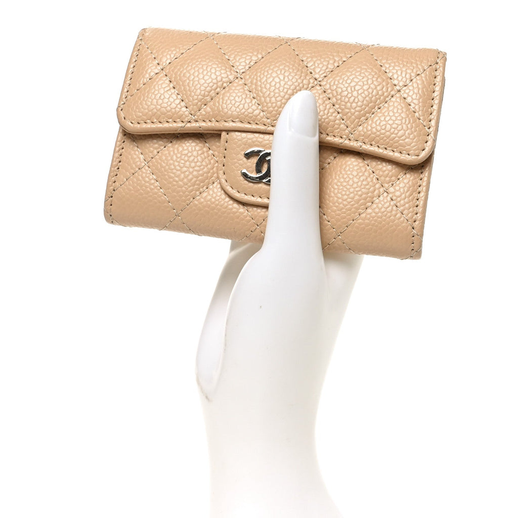 Caviar Quilted Flap Card Holder Wallet Beige