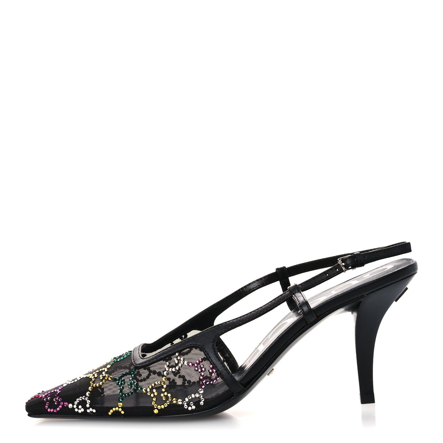 Gucci Tela Retino Nappa Charlotte Crystal GG Monogram Square G 75mm Slingback Pumps 37 Black