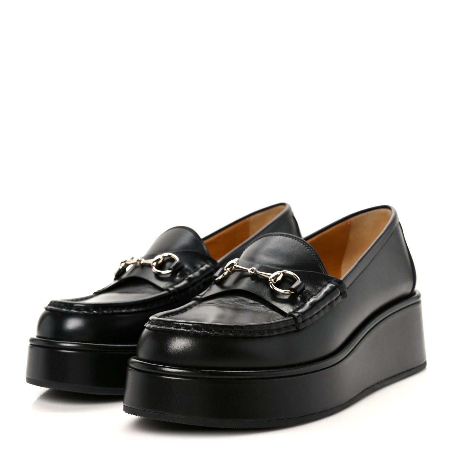 Gucci Kama Calfskin Horsebit Womens Wedge Platform Loafers 38.5 Black