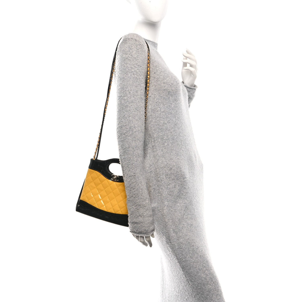 Chanel Patent Calfskin Quilted Mini 31 Shopping Bag Yellow Black