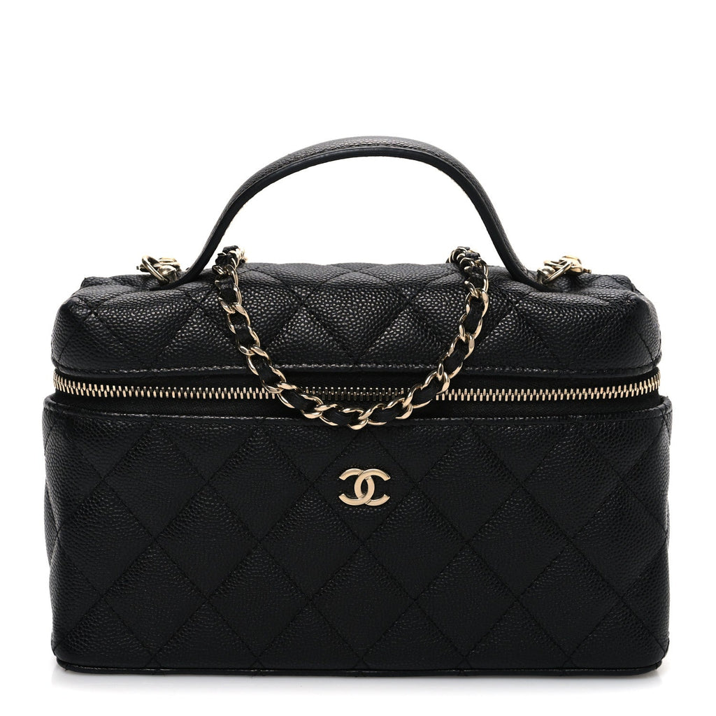 Chanel Caviar Quilted Top Handle Slim Vanity With Chain Black