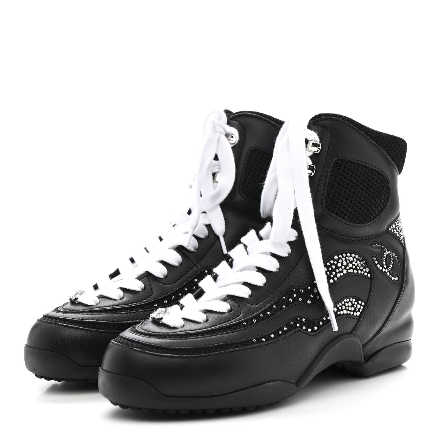 Calfskin Mesh Strass Womens CC Sneakers 37 Black Silver