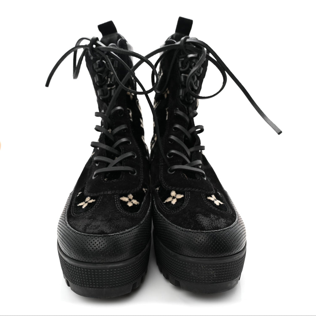 Louis Vuitton Velvet Calfskin Monogram Laureate Platform Desert Boots 40 Black White