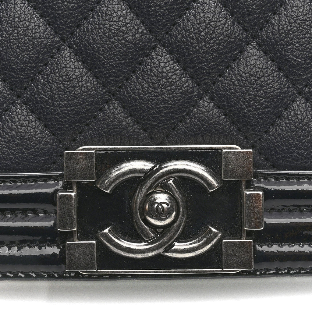 Chanel Goatskin Quilted Patent Medium Duo Boy Flap Dark Blue