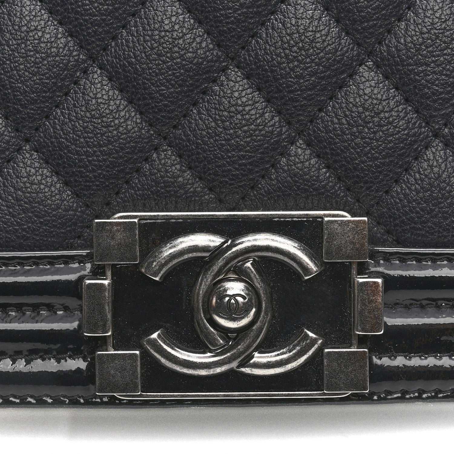 Chanel Goatskin Quilted Patent Medium Duo Boy Flap Dark Blue