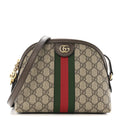 Gucci GG Supreme Monogram Textured Dollar Calfskin Web Small Ophidia Dome Shoulder Bag Beige Ebony New Acero