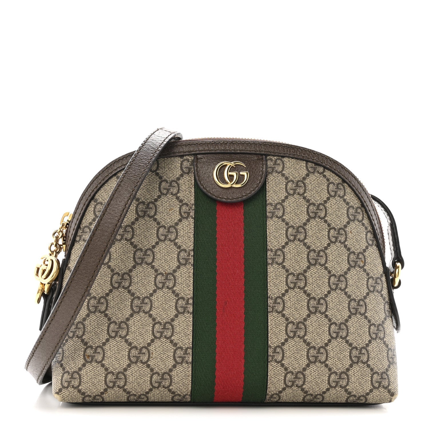 Gucci GG Supreme Monogram Textured Dollar Calfskin Web Small Ophidia Dome Shoulder Bag Beige Ebony New Acero