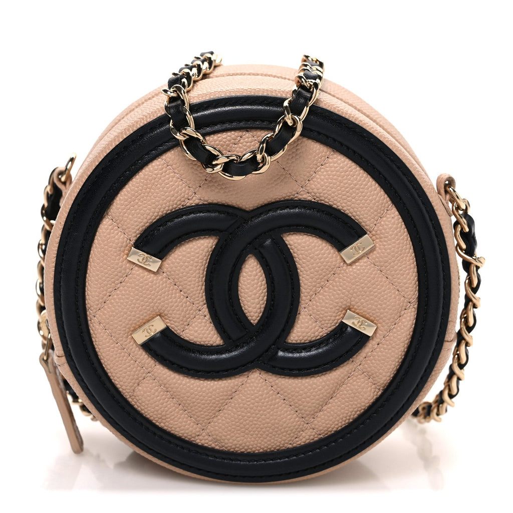Chanel Caviar Quilted Round Filigree Crossbody Beige Black