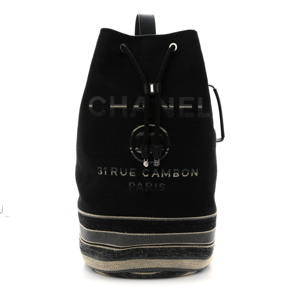 Chanel Striped Canvas Deauville Drawstring Backpack Black