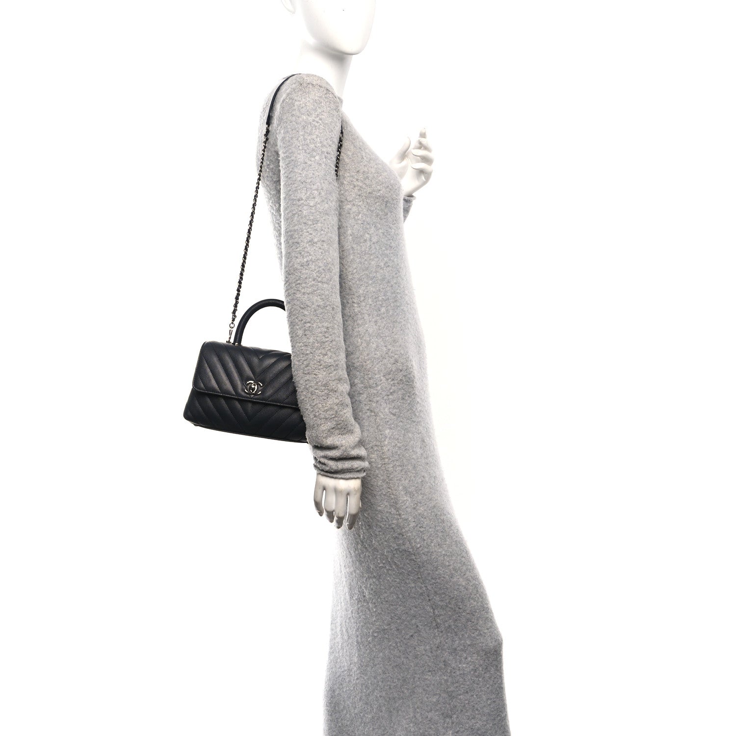 Chanel Caviar Chevron Quilted Mini Coco Handle Flap Dark Grey