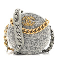 Chanel Wool Tweed Lambskin Quilted Chanel 19 Round Clutch With Chain Grey Ecru