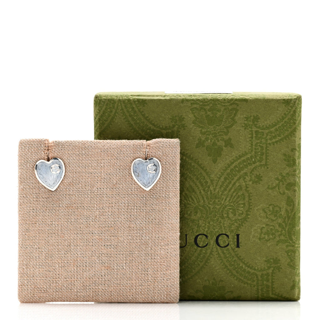 Gucci Sterling Silver Enamel Interlocking G Heart Stud Earrings Blue