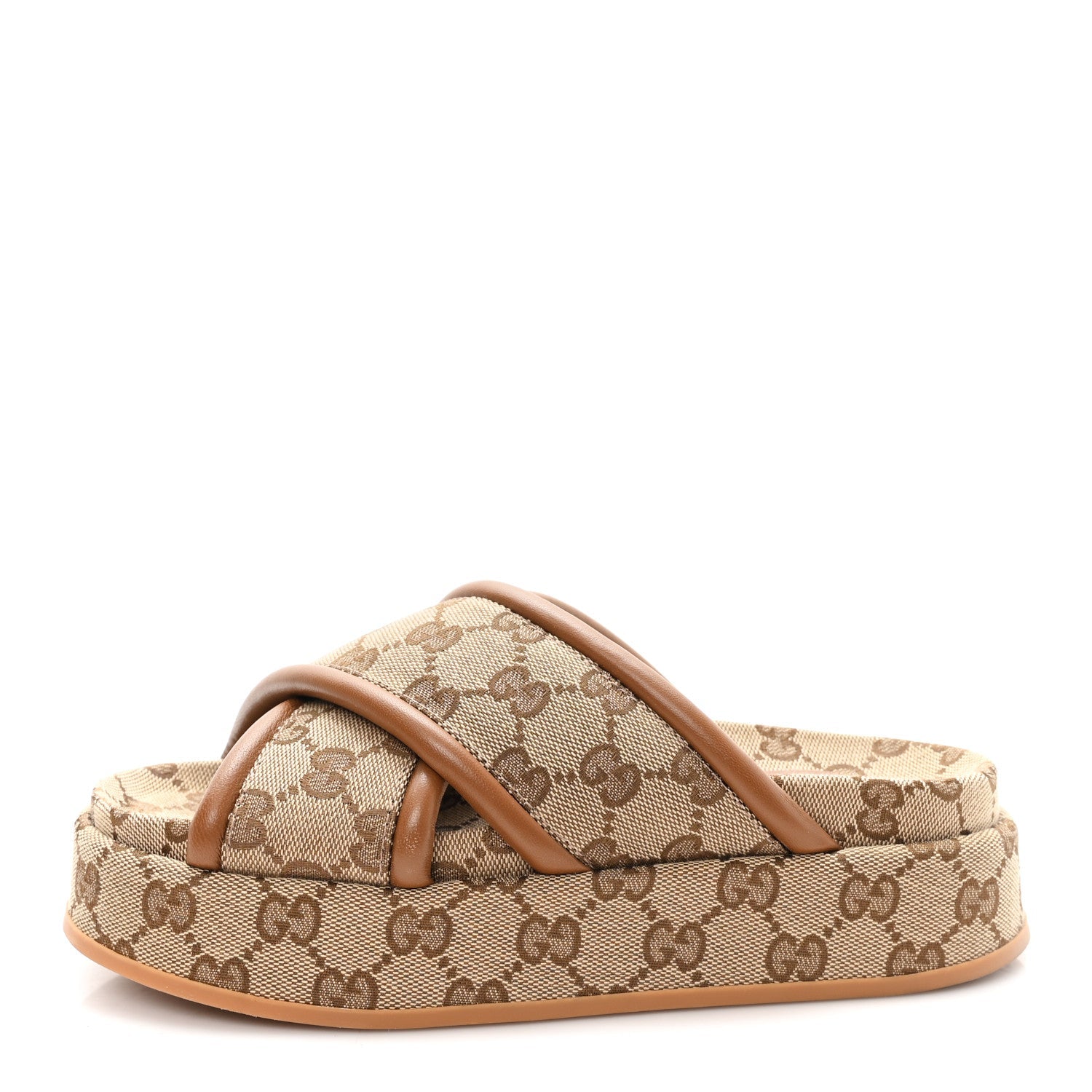 Gucci Monogram GG Calfskin Angelina Platform 55mm Slide Sandals 35 Camel Ebony