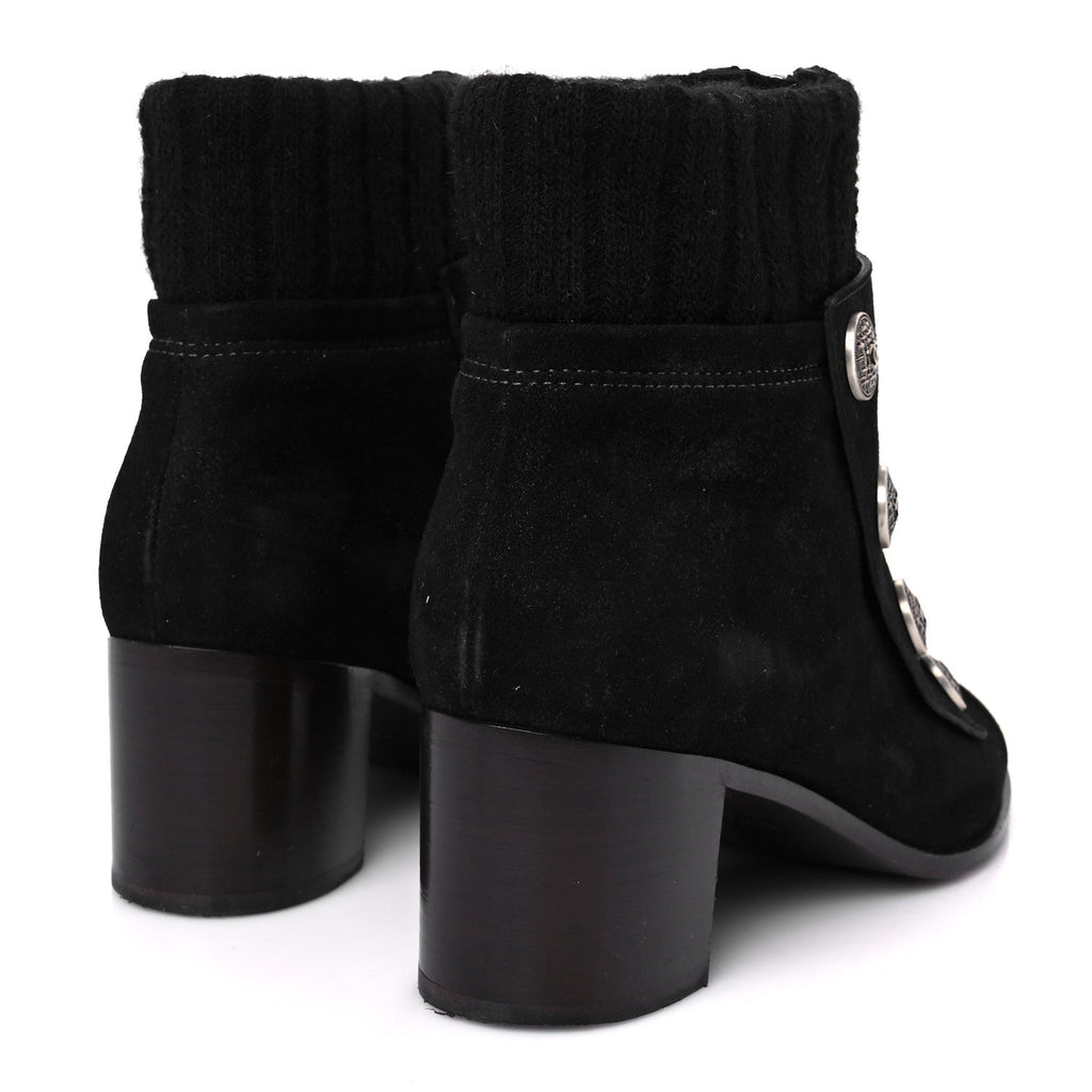 Chanel Suede Calfskin Knit Button Ankle Boots 36.5 Black