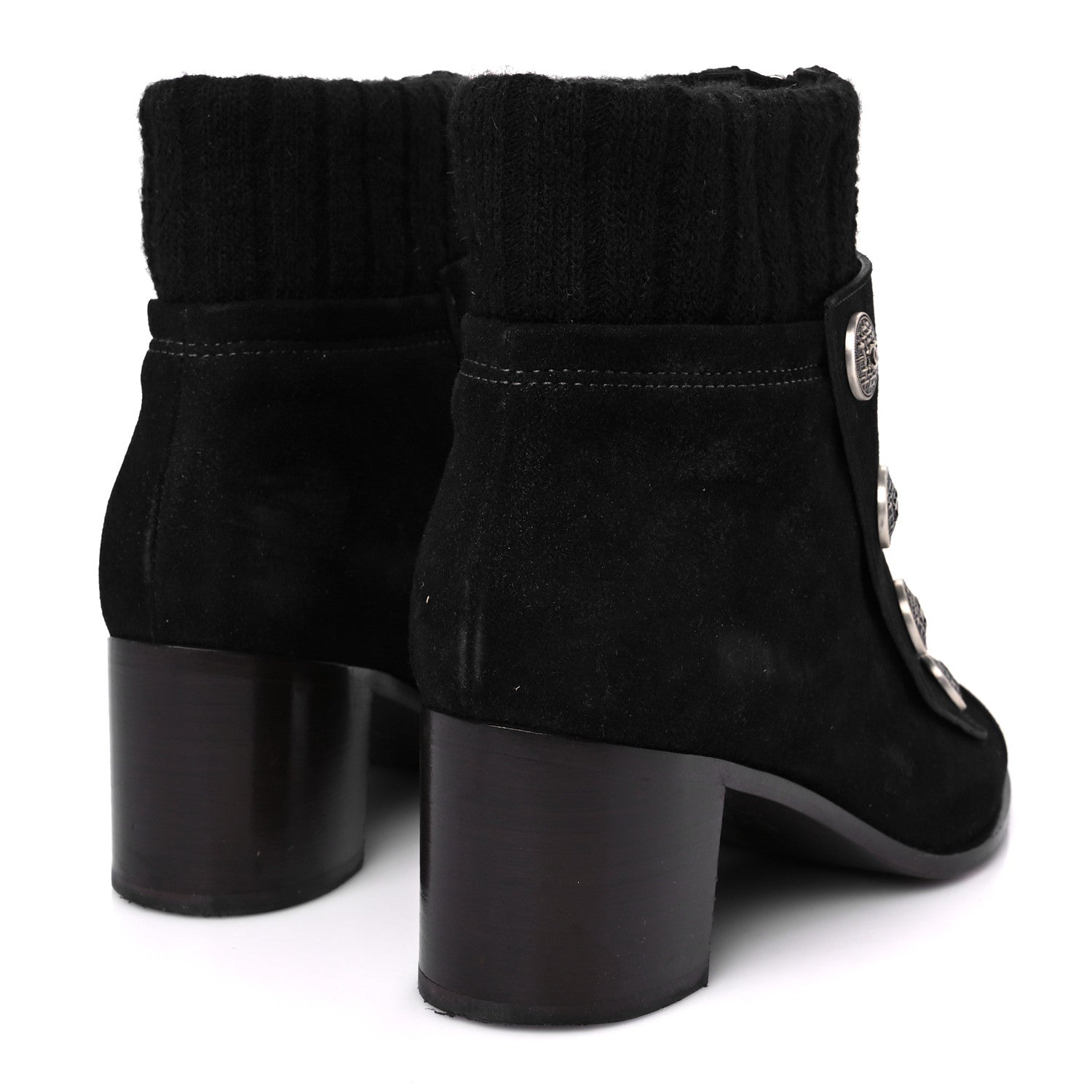 Chanel Suede Calfskin Knit Button Ankle Boots 36.5 Black