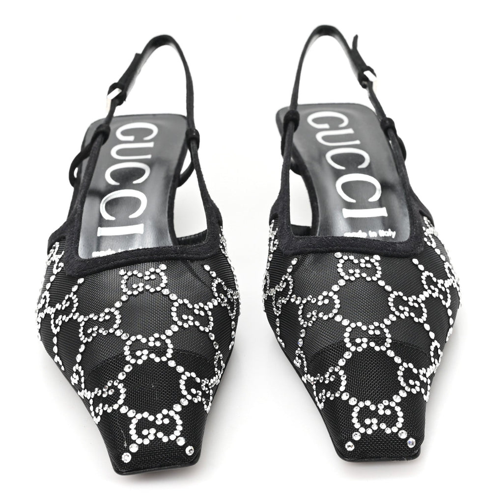 Gucci Tela Retino Kid Scamosciato Crystal GG Monogram Square G 35mm Slingback Pumps 37.5 Black