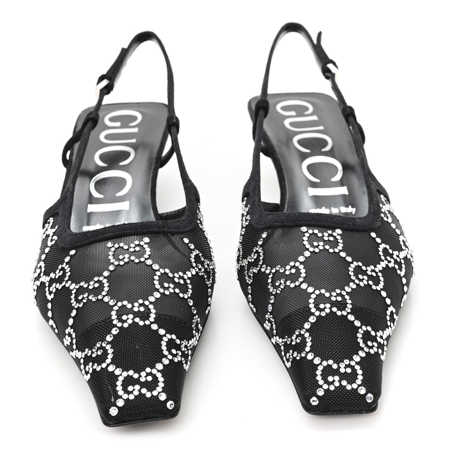 Gucci Tela Retino Kid Scamosciato Crystal GG Monogram Square G 35mm Slingback Pumps 37.5 Black
