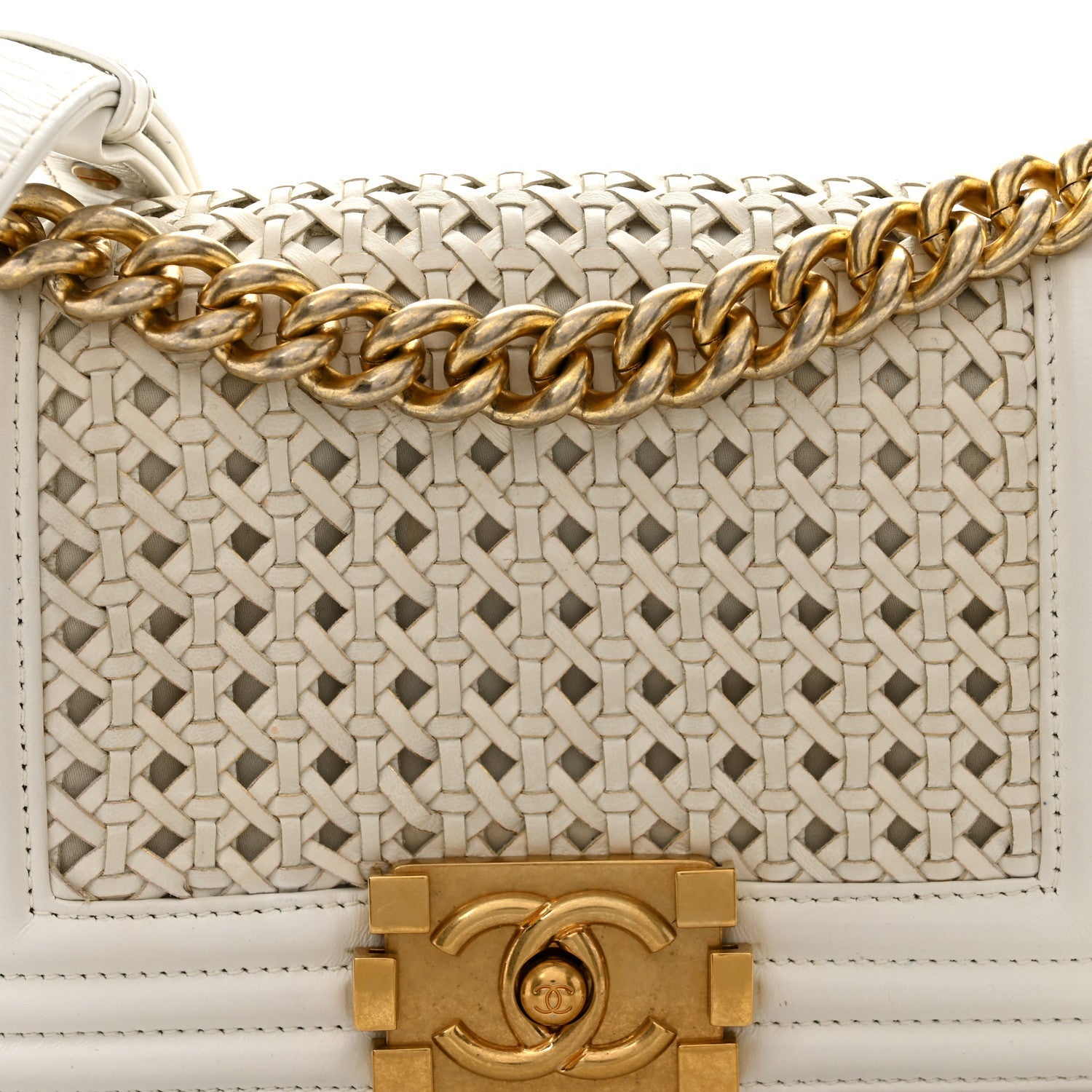 Chanel Sheepskin Braided Small Boy Reverso Flap White