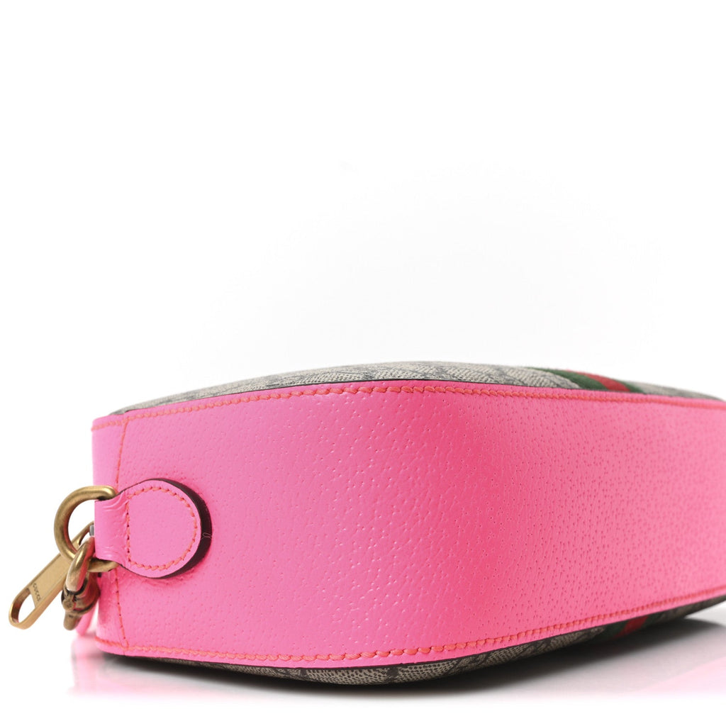 Gucci GG Supreme Monogram Textured Dollar Calfskin Web Ophidia Small Crossbody Bag Beige Ebony Fuchsia