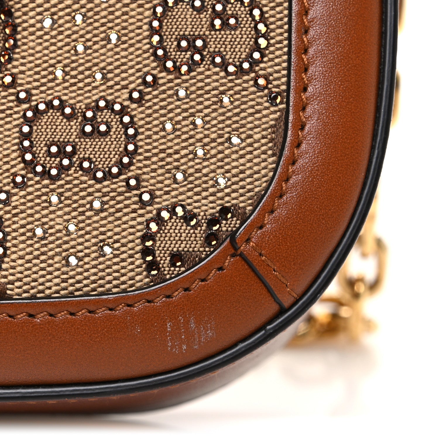 Gucci New Canvas Charisma Calfskin Crystal GG Monogram Mini Horsebit 1955 Shoulder Bag Camel Ebony