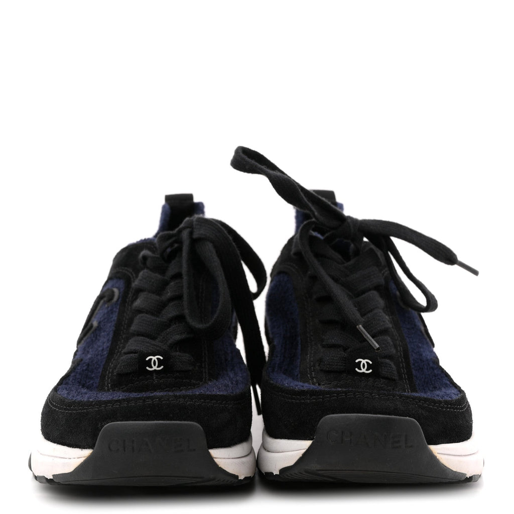 Knit Fabric Suede Calfskin Womens CC Sneakers 36 Navy Black