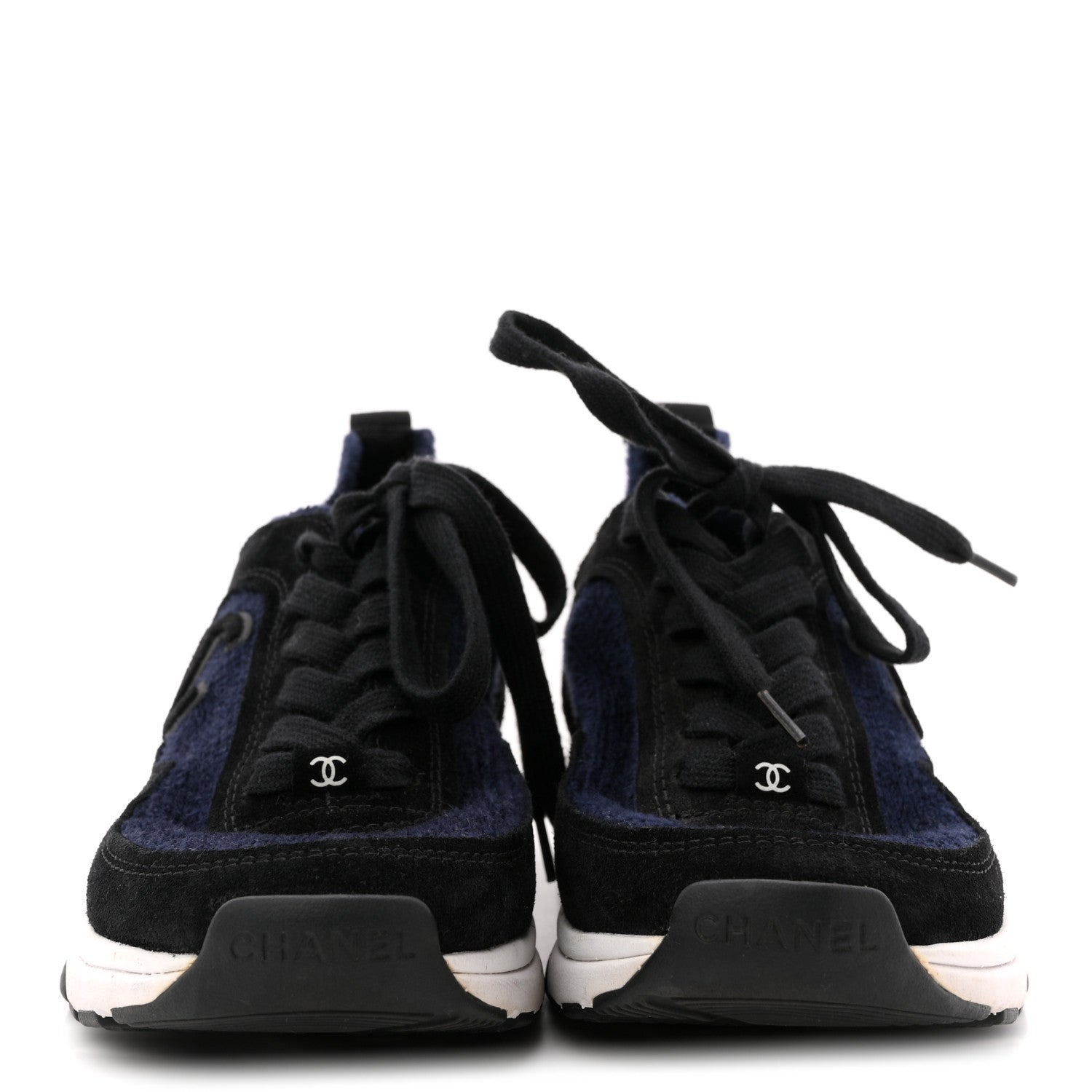 Knit Fabric Suede Calfskin Womens CC Sneakers 36 Navy Black