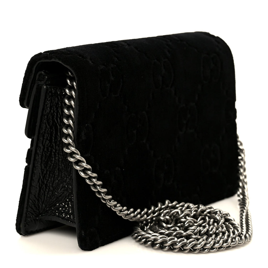Gucci Velvet Skipper Crystal GG Monogram Super Mini Dionysus Shoulder Bag Black