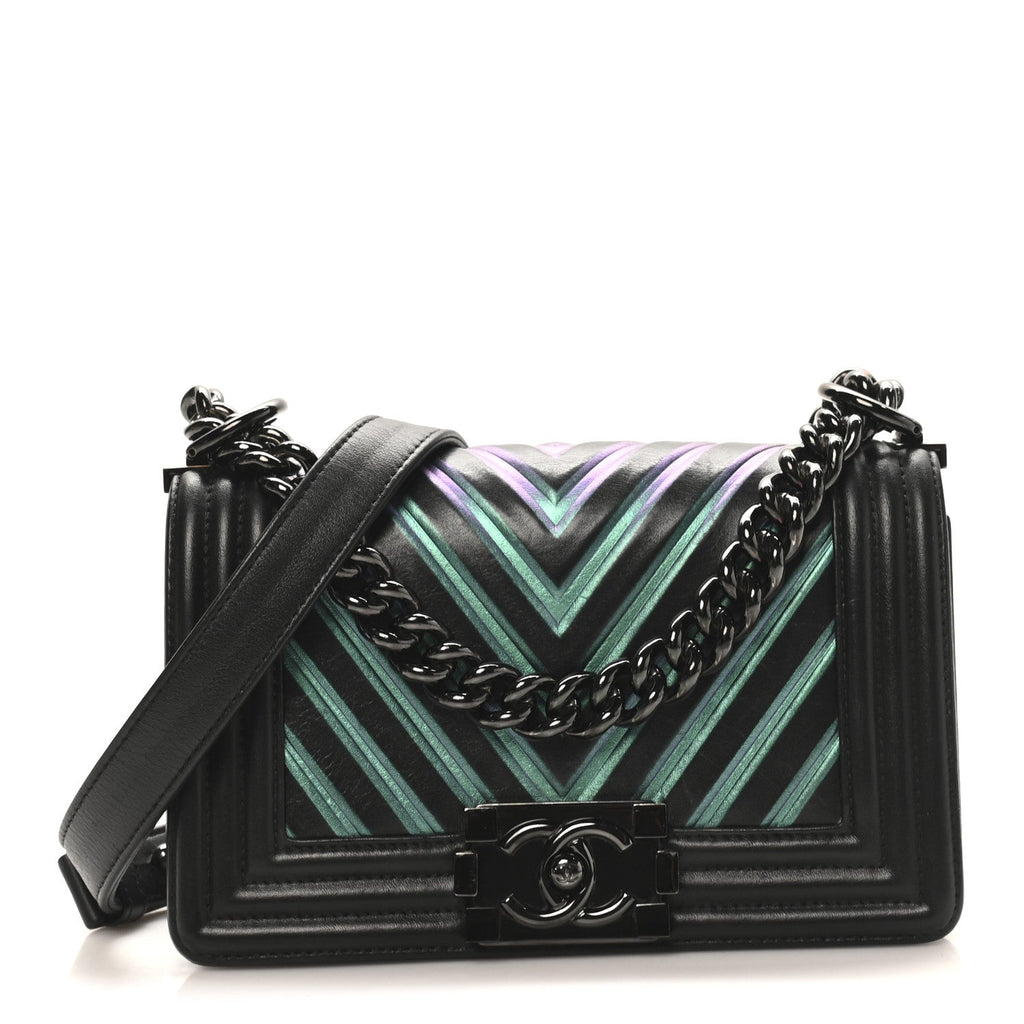 Chanel Calfskin Painted Chevron Embossed Medium Boy Flap Black
