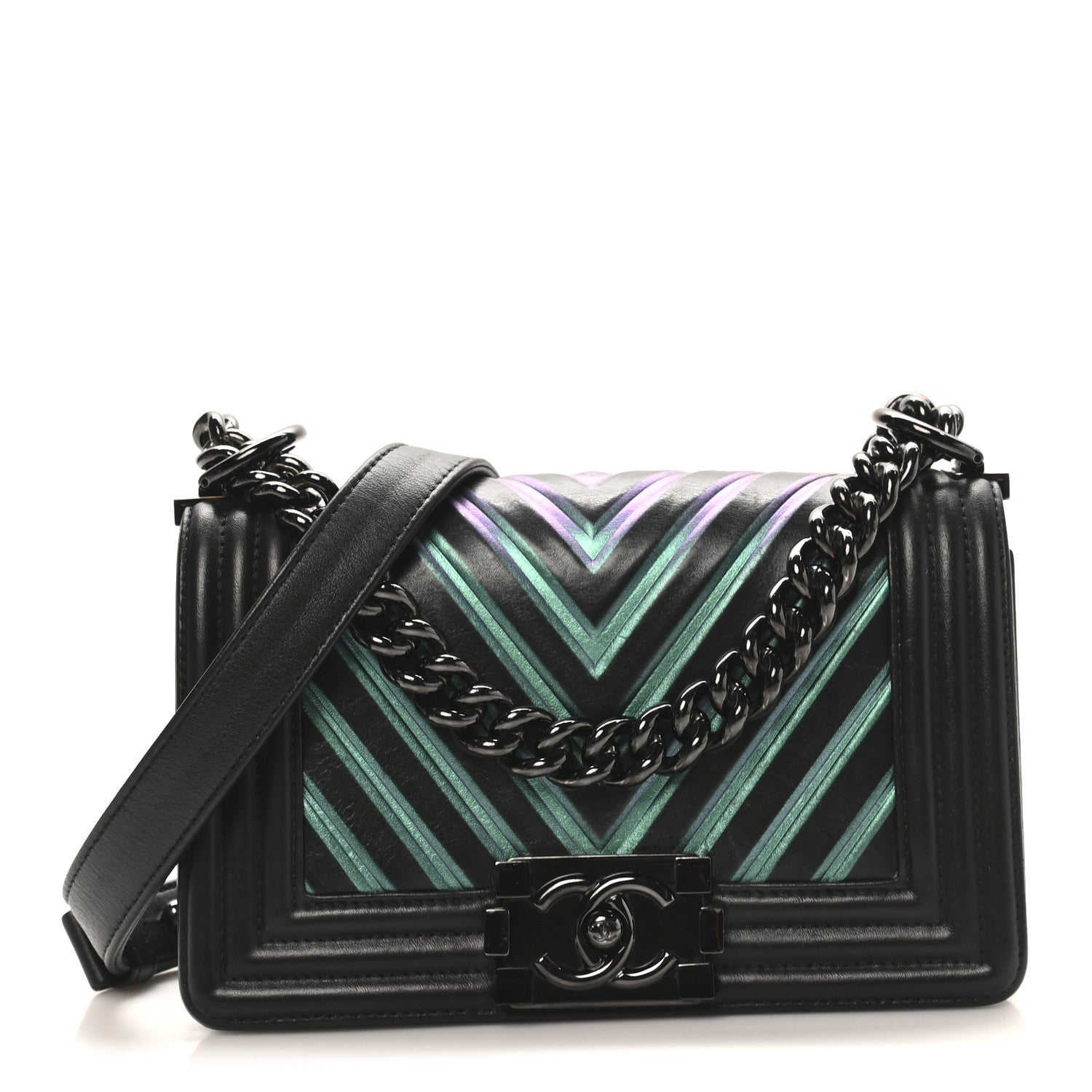 Chanel Calfskin Painted Chevron Embossed Medium Boy Flap Black