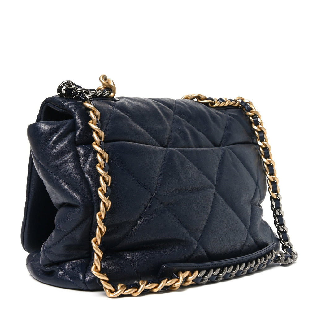 Chanel Goatskin Quilted Maxi Chanel 19 Flap Navy Blue