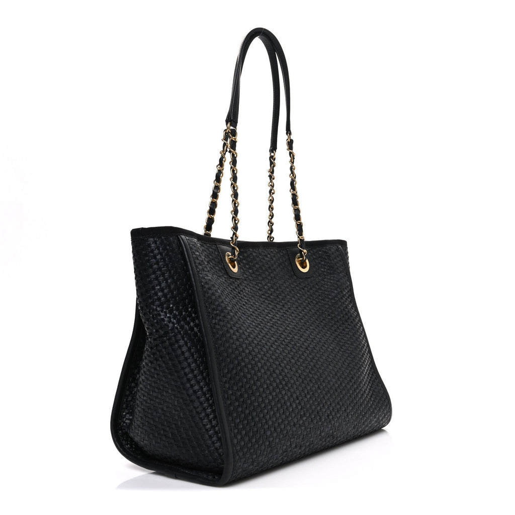 Chanel Straw Raffia Calfskin Chain Small Deauville Tote Black