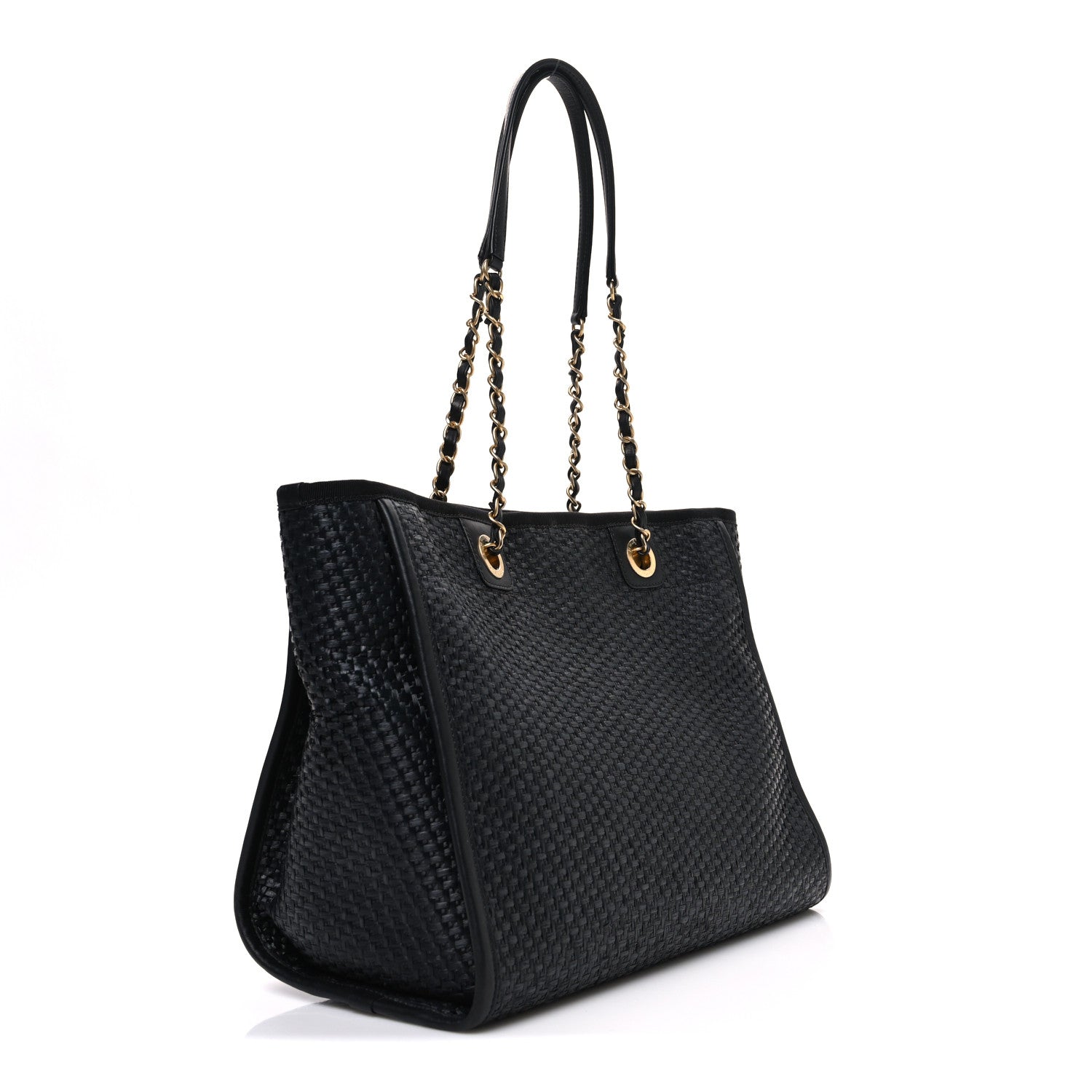 Chanel Straw Raffia Calfskin Chain Small Deauville Tote Black