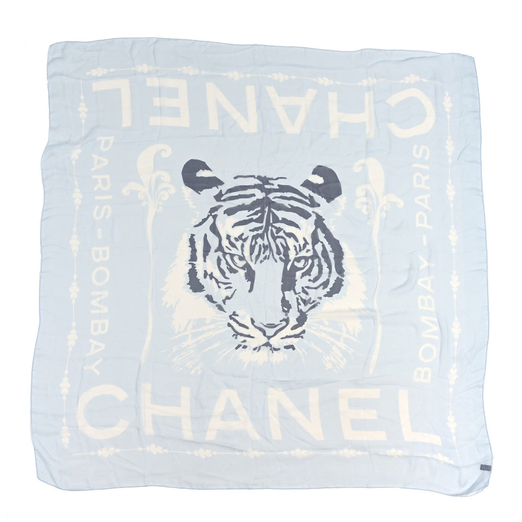 Chanel Silk Tiger Paris Bombay Scarf Light Blue