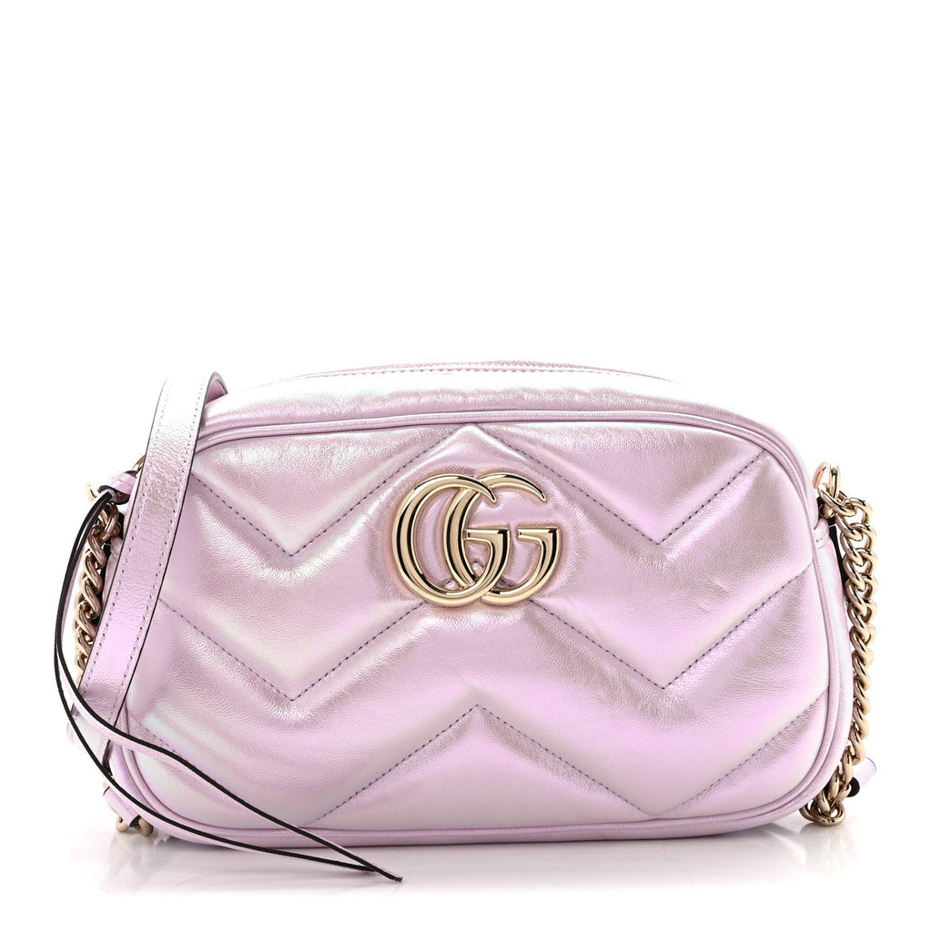 Gucci Iridescent Nappa Chevron Matelasse Small GG Marmont Chain Shoulder Bag Iridescent Escape Pink