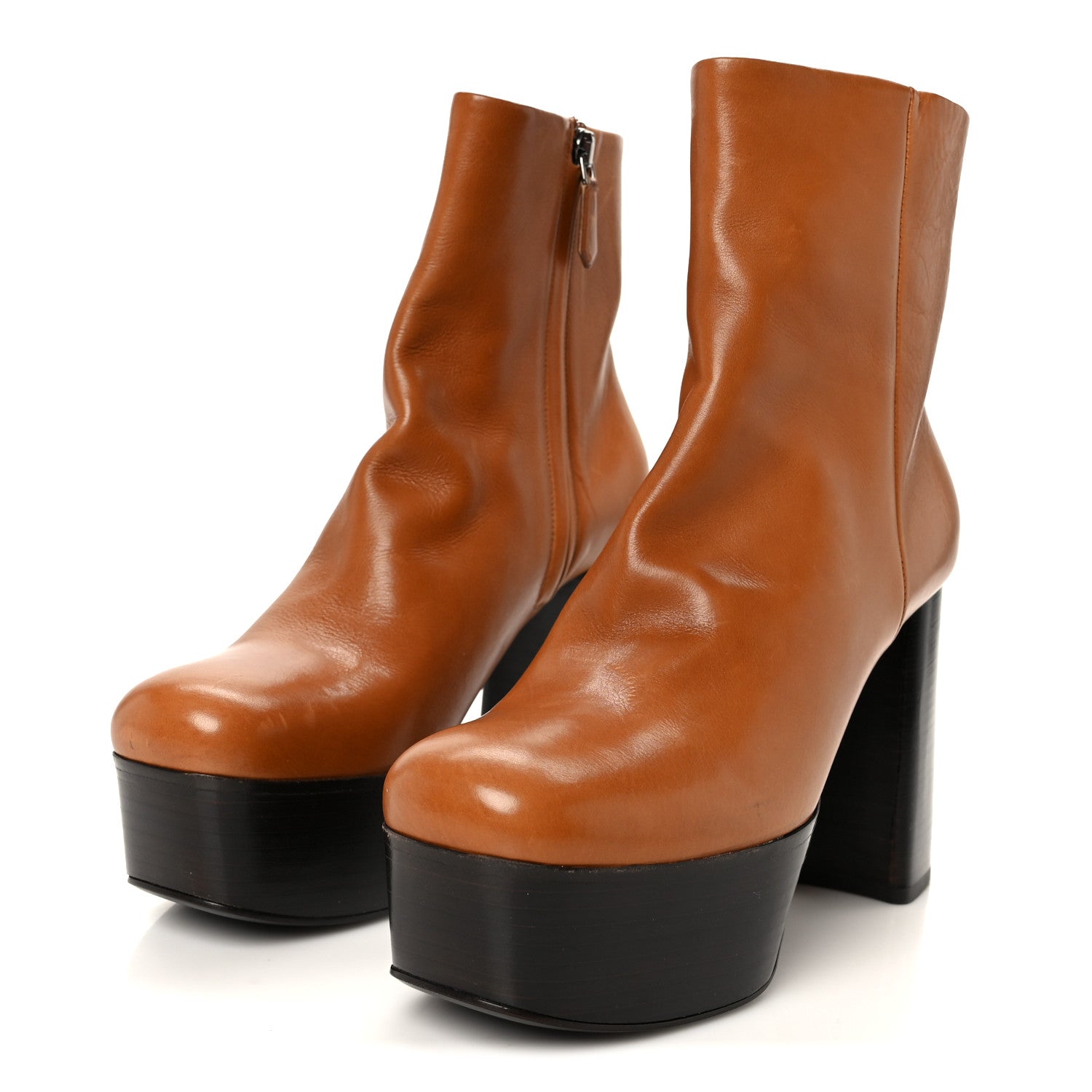 Prada Vitello Platform Ankle Booties 37.5 Cognac