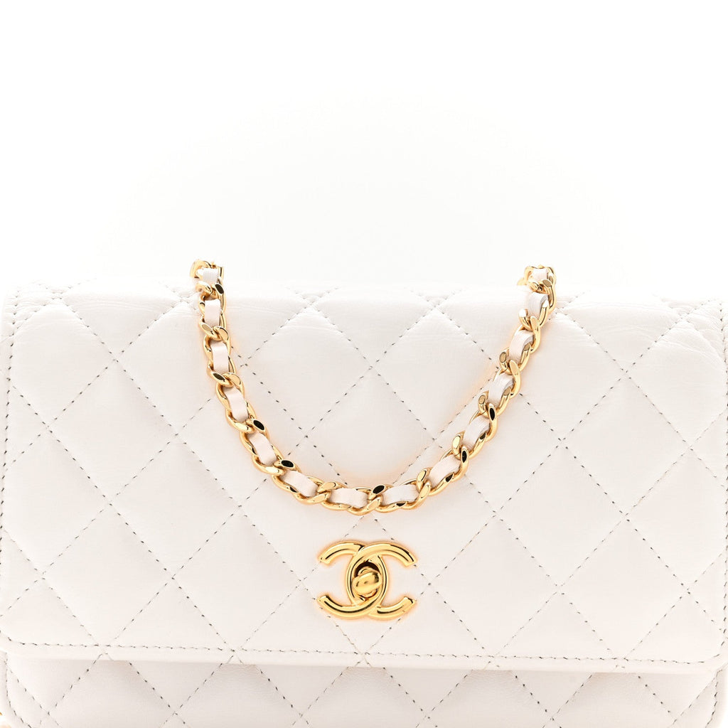 Chanel Shiny Crumpled Calfskin Quilted Enamel Heart Wallet On Chain WOC White