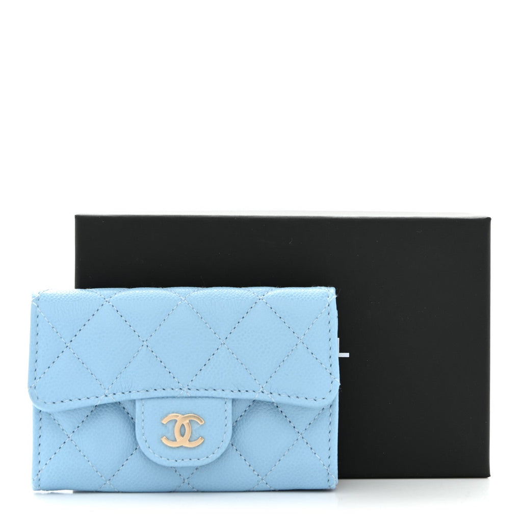 Caviar Quilted Flap Card Holder Wallet Light Blue