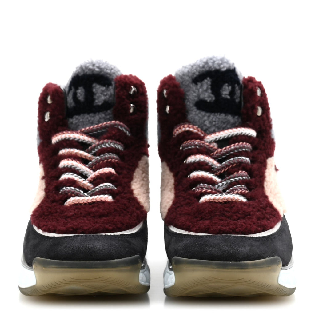 Chanel Shearling Lambskin Suede CC High Top Sneakers 36.5 Grey Pink Burgundy