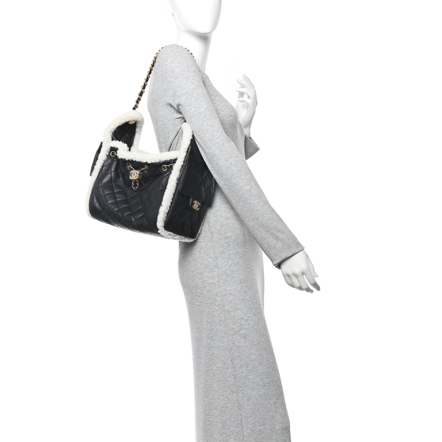 Chanel Crumpled Sheepskin Shearling Quilted Small Chanel 25 Handbag Black White