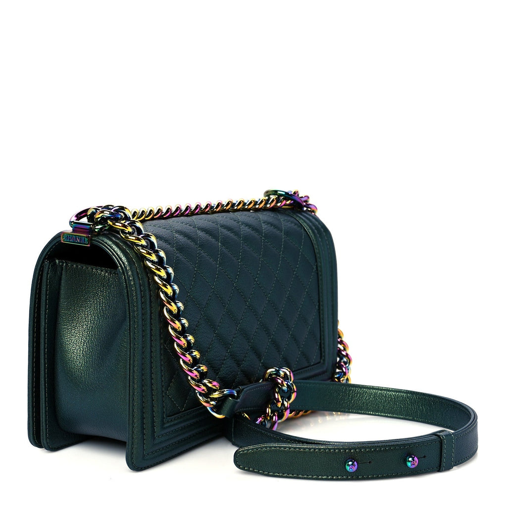 Chanel Iridescent Goatskin Quilted Medium Boy Flap Green