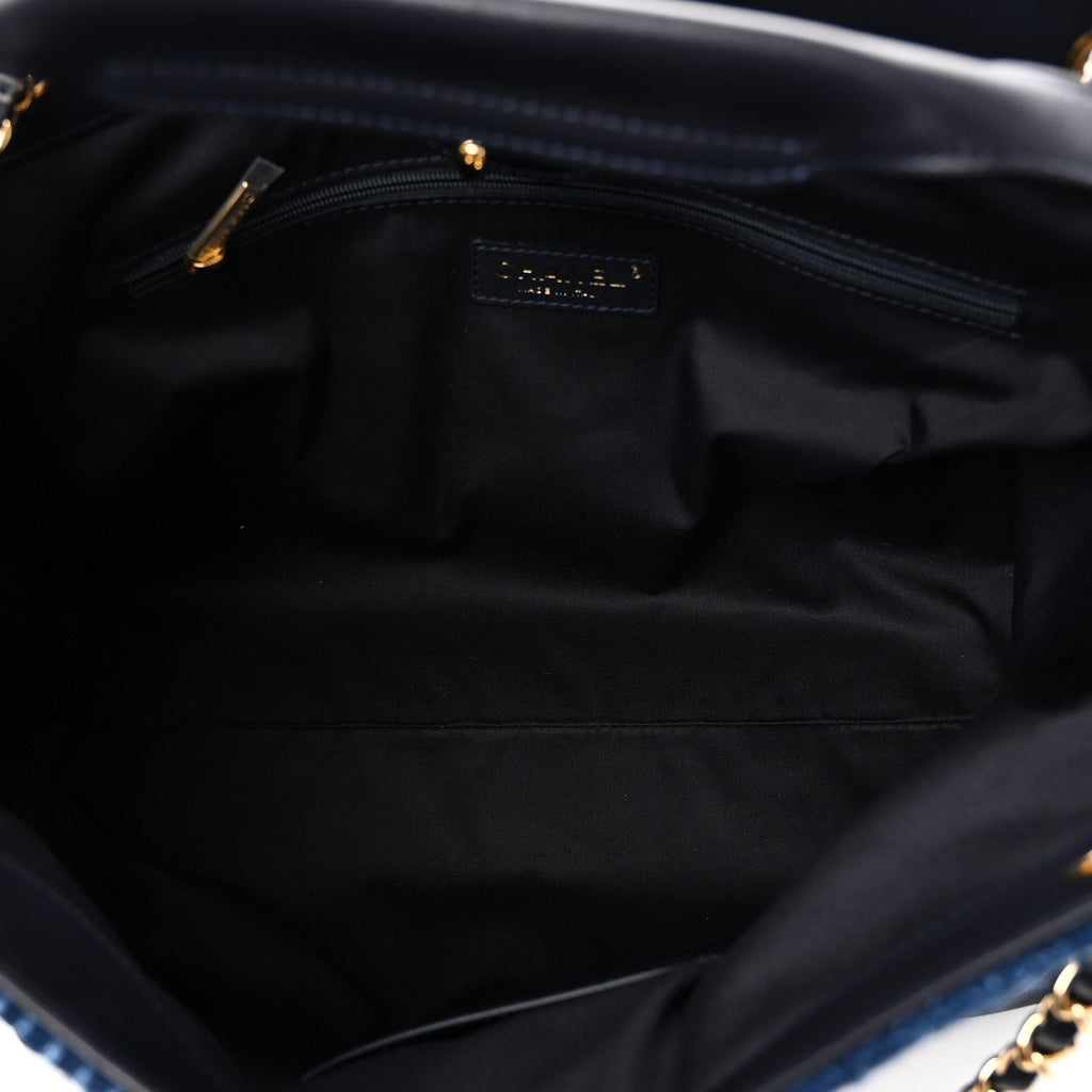 Chanel Tweed Shiny Lambskin Quilted Coco Base Small Shopping Bag Dark Blue