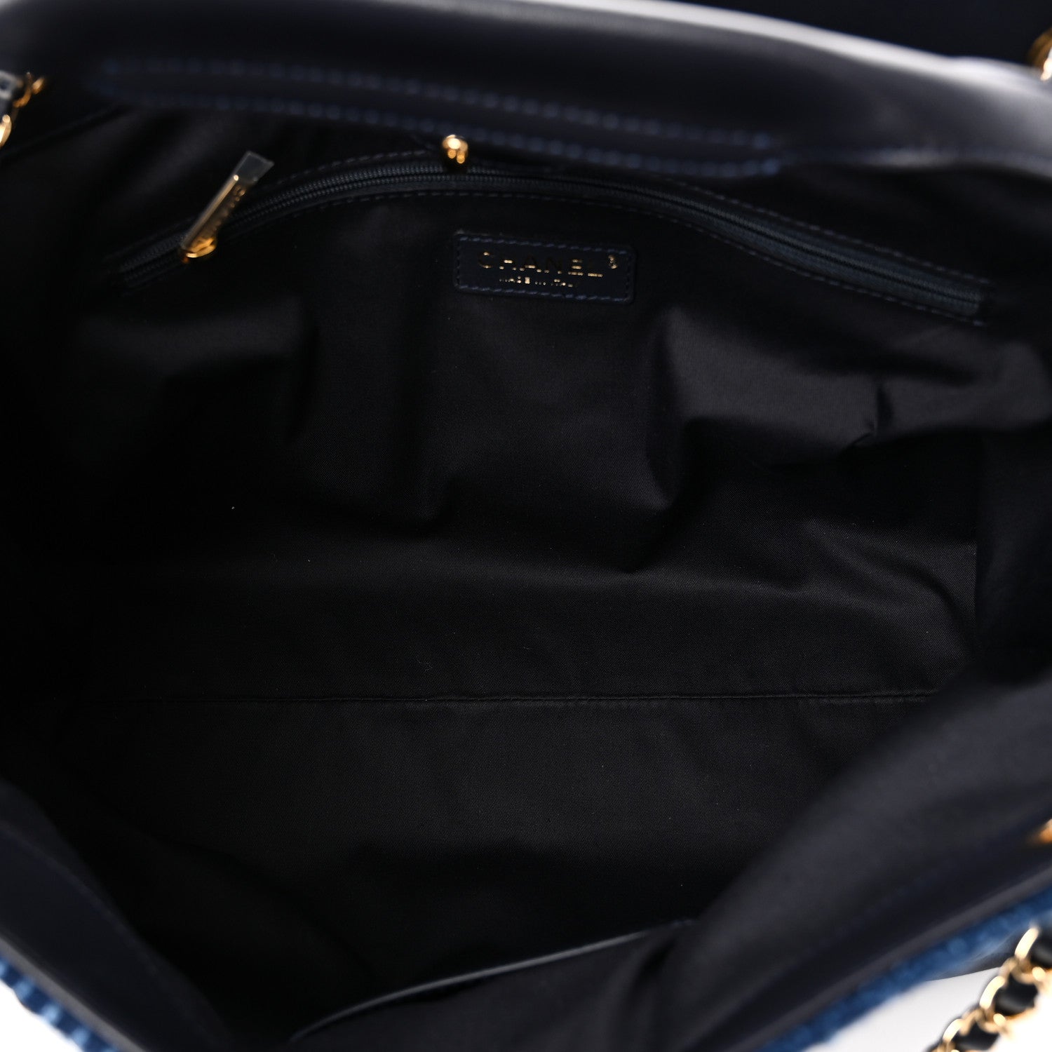Chanel Tweed Shiny Lambskin Quilted Coco Base Small Shopping Bag Dark Blue