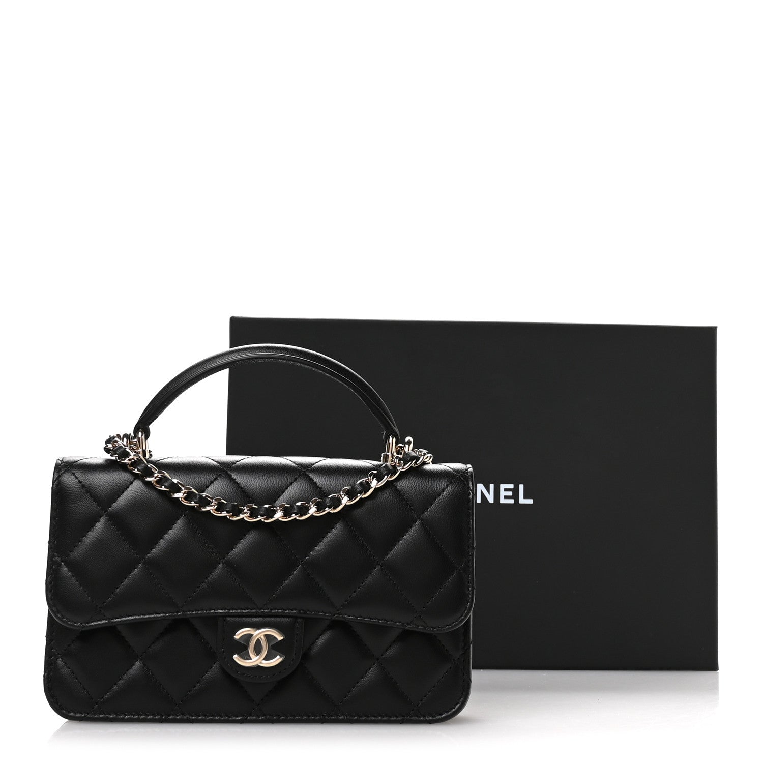 Chanel Lambskin Quilted Flap Phone Holder With Chain Black