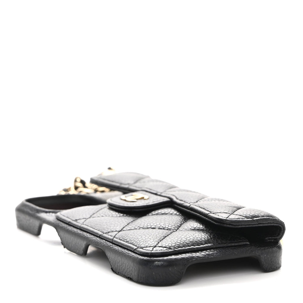 Caviar Quilted Pearl Crush iPhone 16 Pro Max Case With Chain Black