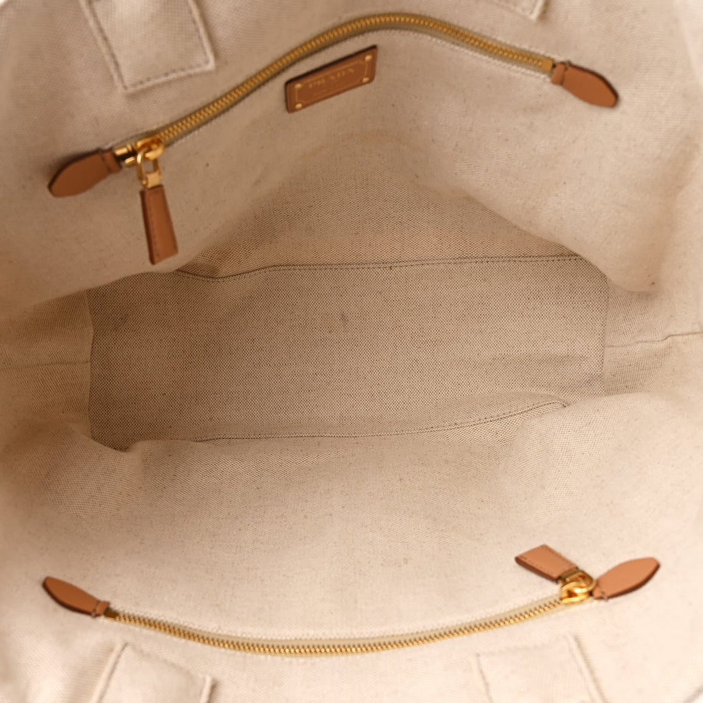 Prada Linen Vitello Large Logo Tote Natural