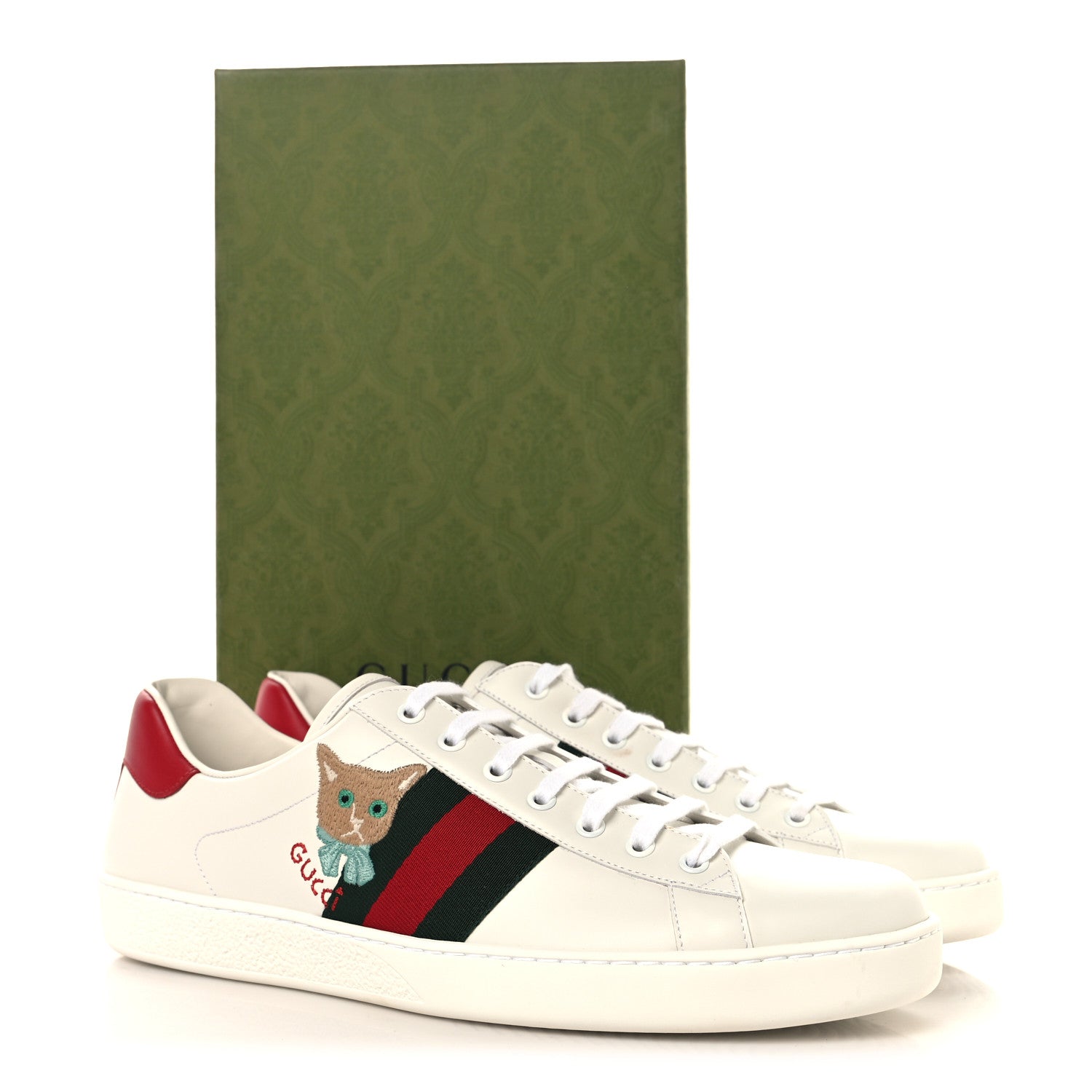 Gucci Calfskin Cat Embroidered Mens Ace Sneakers 12 White Green